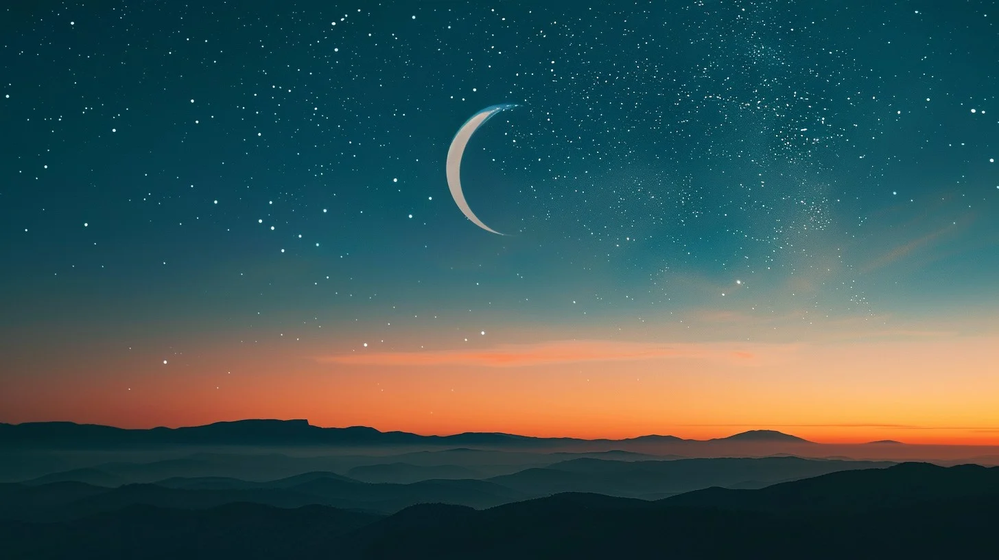 Illustration of a peaceful evening sky with a crescent moon, stars, and softly layered hills in muted tones